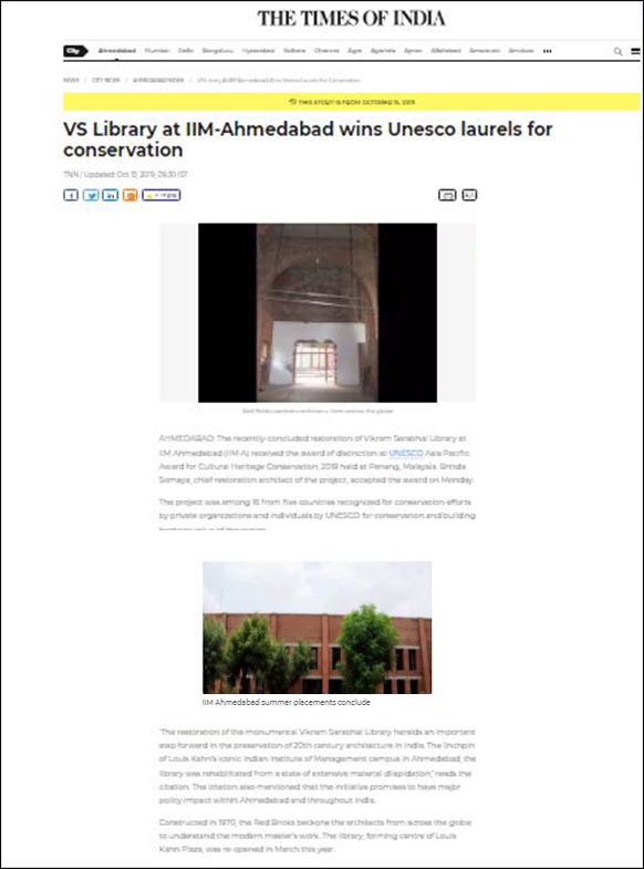 V.S Library at IIM- Ahmedabad wins UNESCO Laurels for Convervation, Time of India